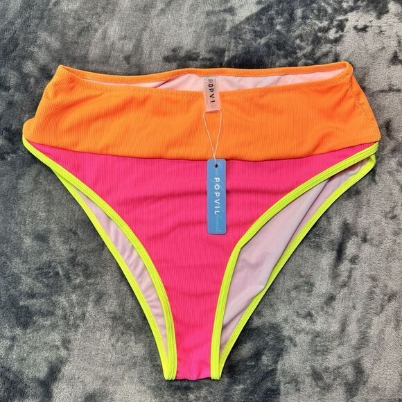 POPVIL Sz L High Waisted Bikini Bottom Neon Color Block Pink Yellow Orange NWT - Picture 2 of 10